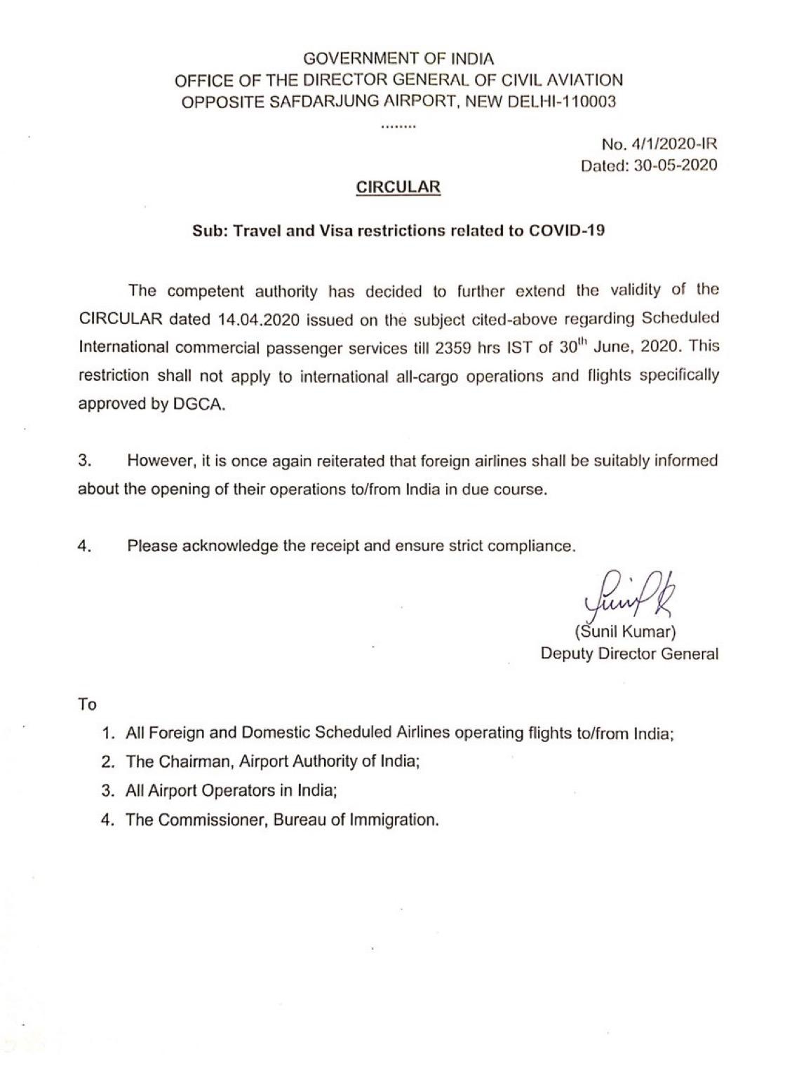 Additional Advisory on COVID-19: Ban on all international commercial passenger aircraft extended till June 30, 2020